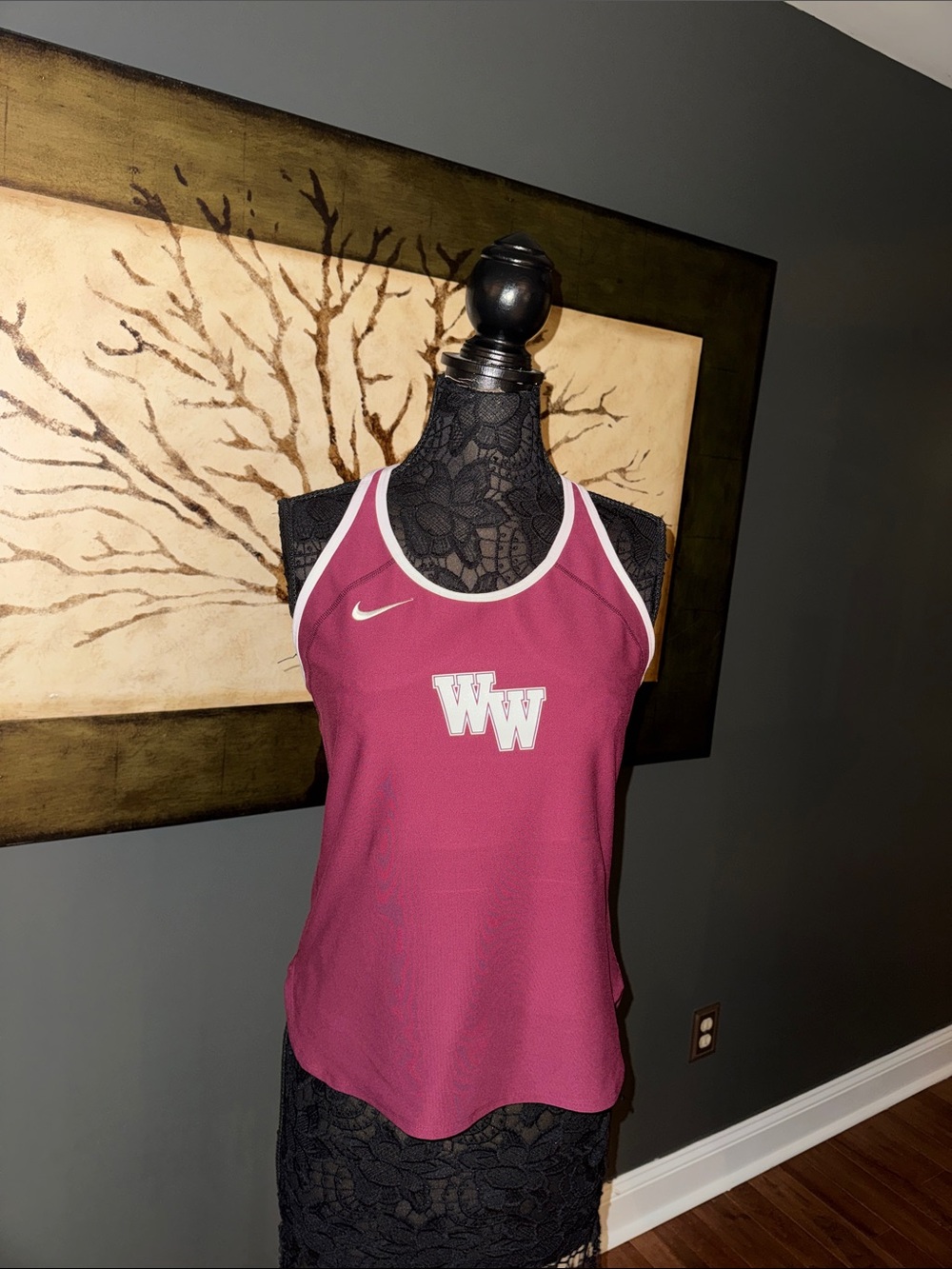 Nike Women's Dri-Fit Burgundy Athletic Tank with White Trim and WW Logo